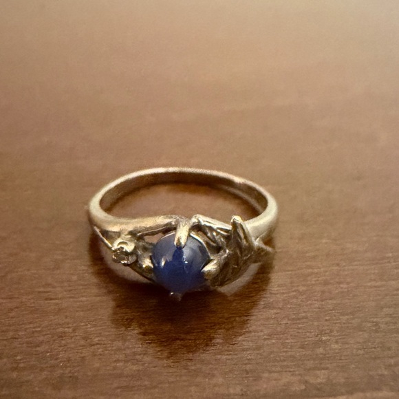 10kt solid white gold 4.6mm blue star sapphire natural diamond leaf ring sz 6.5 - Picture 7 of 13